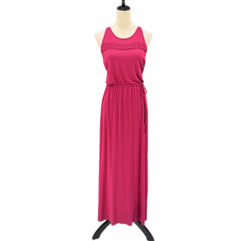 LOFT Crochet Sleeveless Pink Red Drawstring Adjustable Waist Relaxed Maxi Dress
